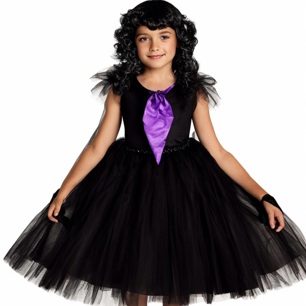 "Girls Black Tulle Costume Dress with Wig, Gloves, and Belt - Enchanting Halloween Fun for Ages 4-14"