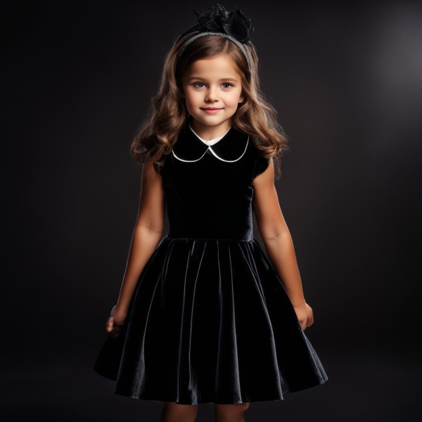 BesserBay Halloween Girls Peter Pan Collar Velvet Black Skater Dress - Enchanting Elegance for Little Princesses!